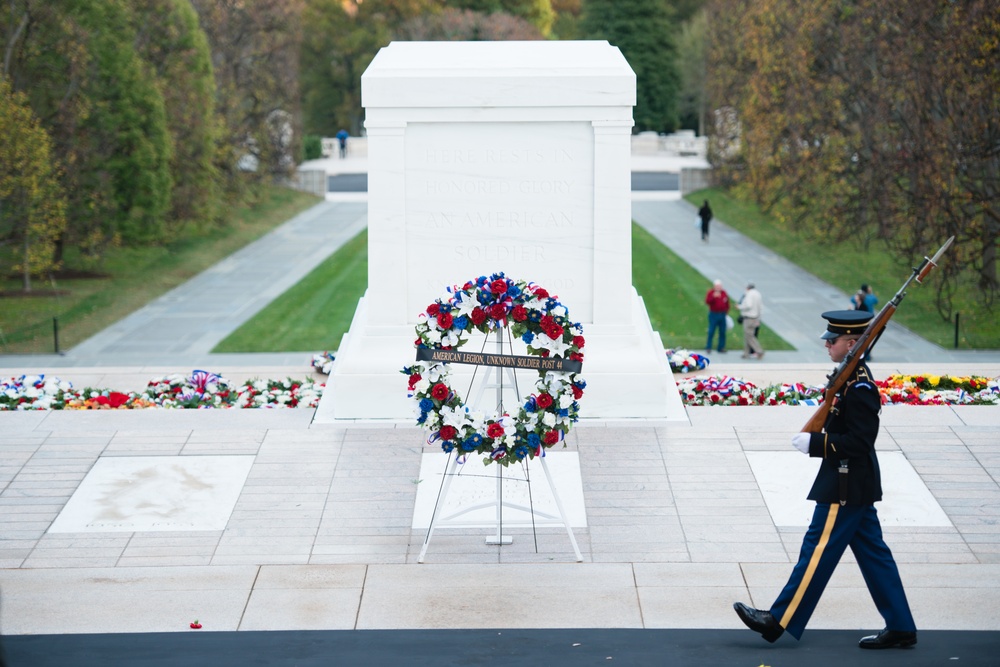 Wreaths laid for Veterans Day rest at the Tomb of the Unknown Soldier in Arlington National Cemetery