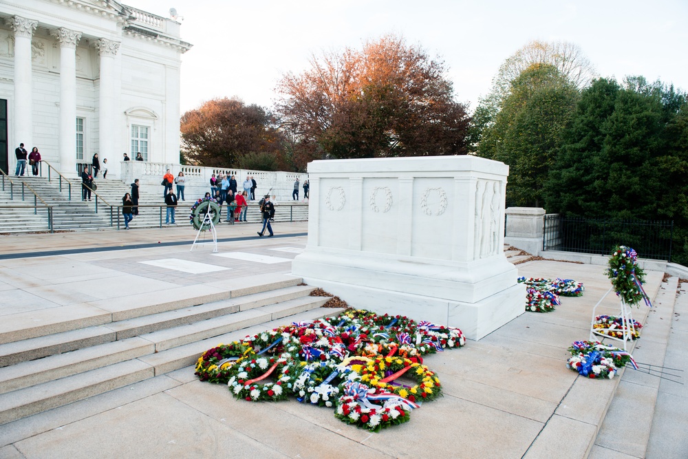 Wreaths laid for Veterans Day rest at the Tomb of the Unknown Soldier in Arlington National Cemetery