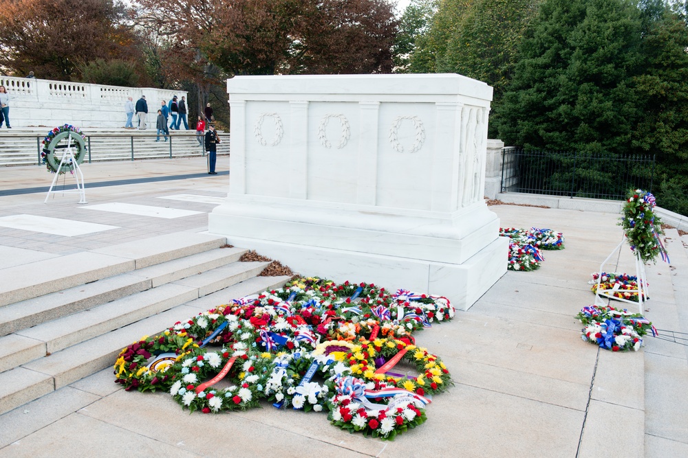 Wreaths laid for Veterans Day rest at the Tomb of the Unknown Soldier in Arlington National Cemetery