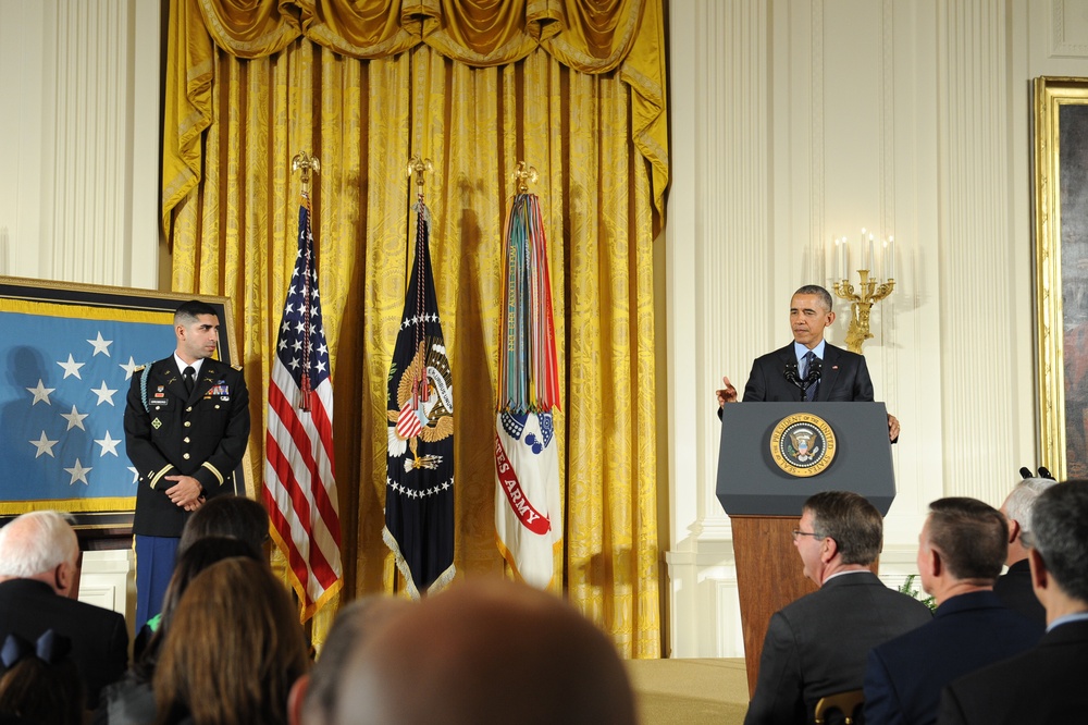 President Barack Obama presents the Medal of Honor to retired US Army Capt. Florent Groberg