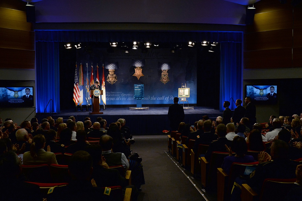 Retired Army Capt. Florent Groberg speaks during his Medal of Honor Hall of Heroes induction ceremony