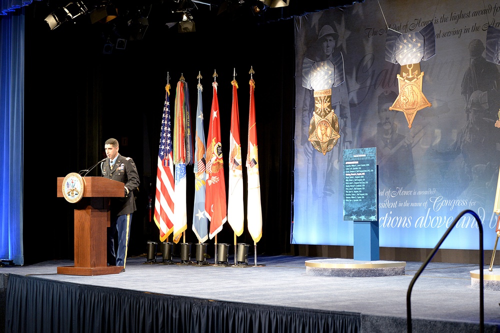 Retired Army Capt. Florent Groberg speaks at his Medal of Honor Hall of Heroes induction ceremony