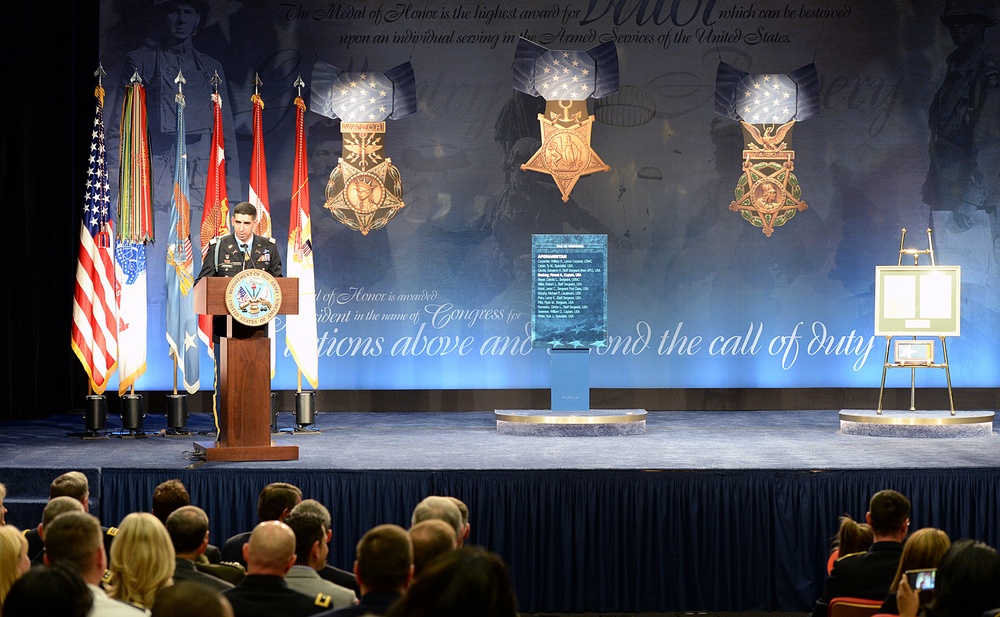 Retired Army Capt. Florent Groberg speaks at his Medal of Honor Hall of Heroes induction ceremony