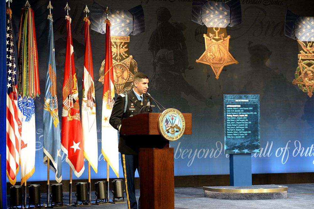 Retired Army Capt. Florent Groberg speaks at his Medal of Honor Hall of Heroes induction ceremony