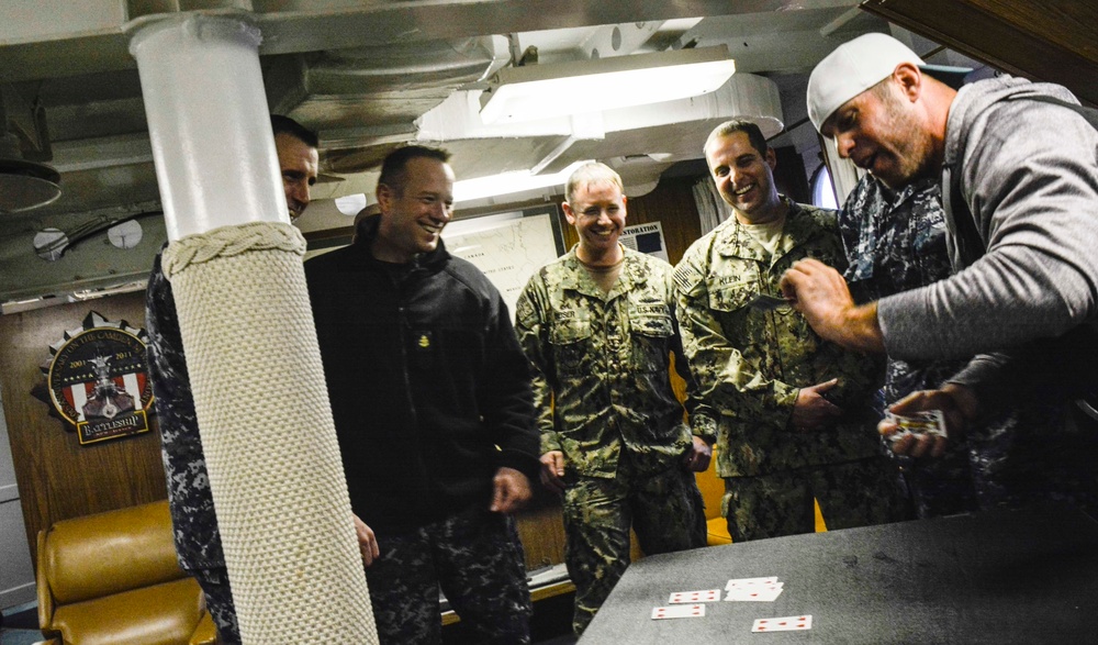 Eagles show visit USS New Jersey sailors