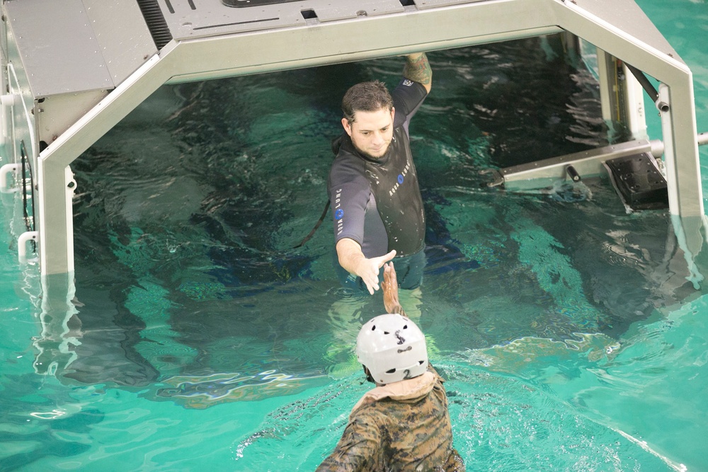 Marines learn underwater egress at Helo Dunker