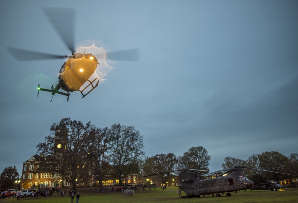 Lakota helicopter ascends in light rain