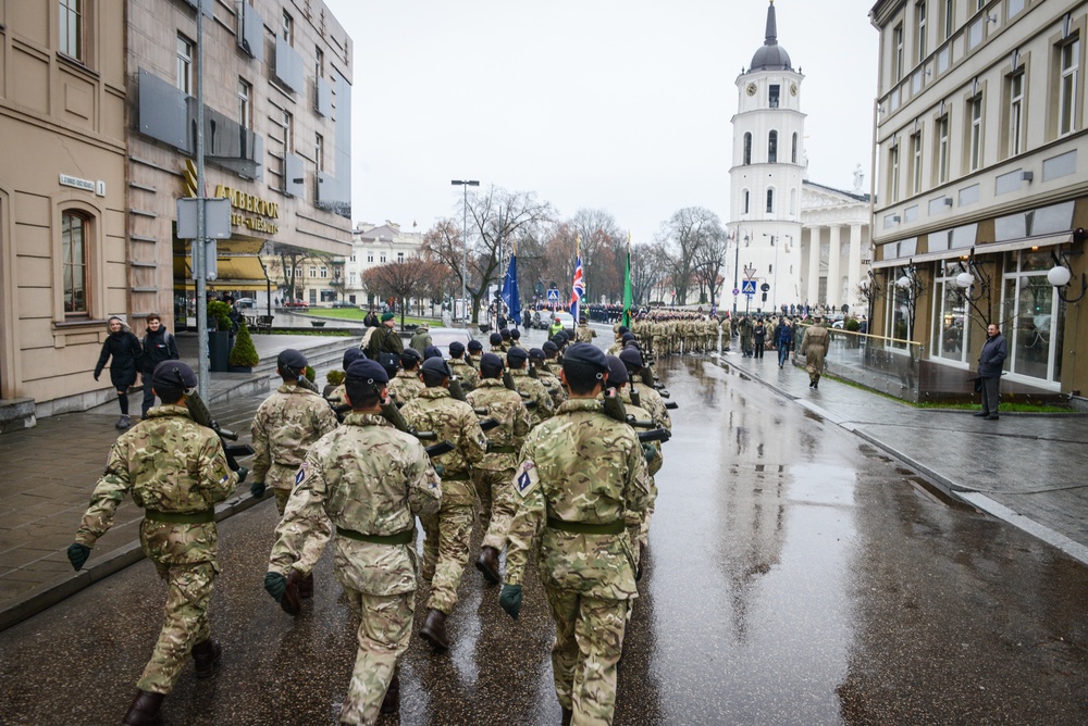British army Soldiers take part in Lithuanian Armed Forces Day Parade