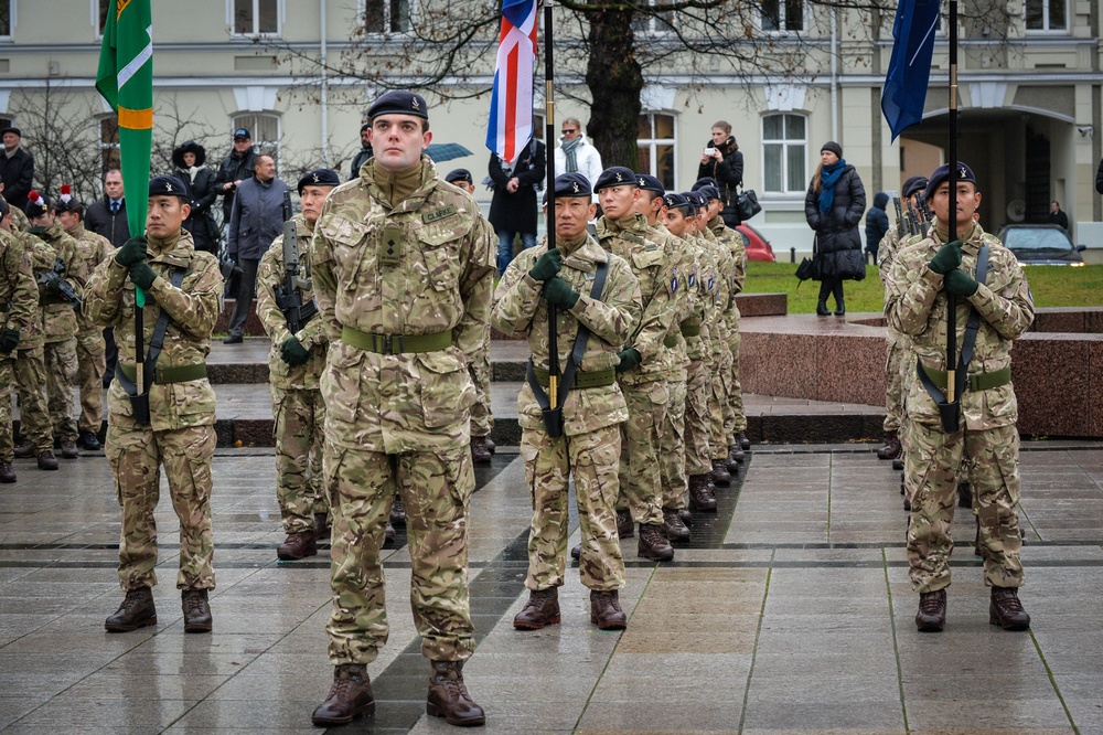 British army Soldiers take part in Lithuanian Armed Forces Day Parade