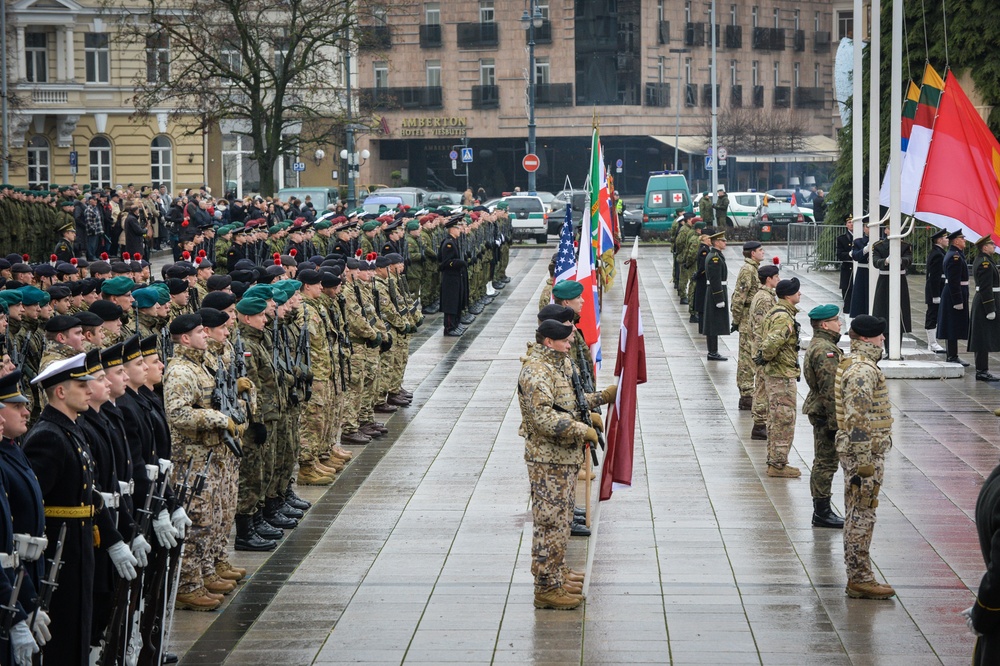 British army Soldiers take part in Lithuanian Armed Forces Day Parade