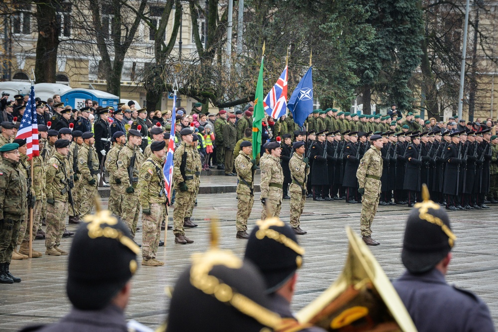 British army Soldiers take part in Lithuanian Armed Forces Day Parade