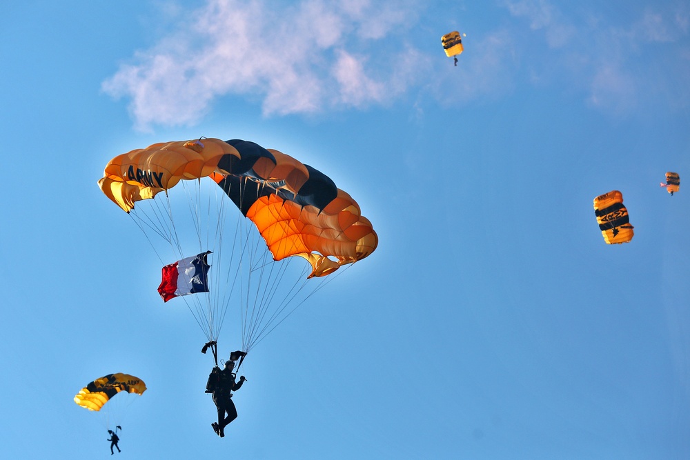 US Army 'Golden Knights' fly French flag over Soldier Field before Bears Veterans Day game