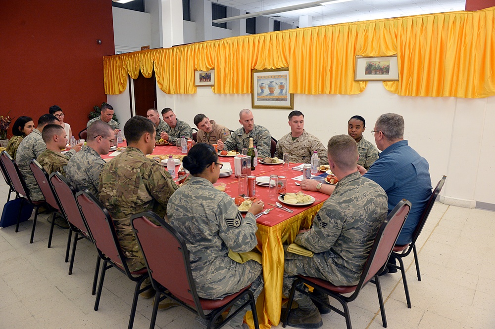 DSD and his wife took the opportunity to sit down and eat a Thanksgiving meal with service members in Al Udeid, Qatar