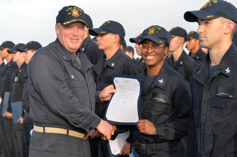 Frocking ceremony aboard USS Ross