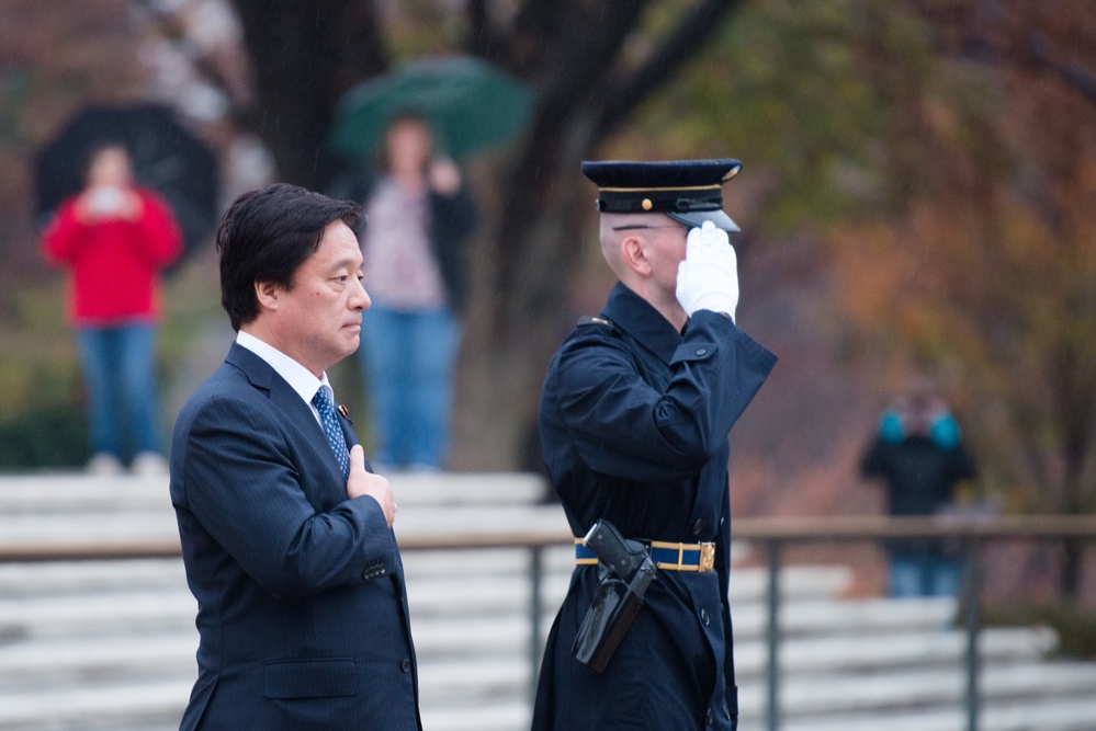 State Minister of Defense of Japan lays a wreath at the Tomb of the Unknown Soldier in Arlington National Cemetery