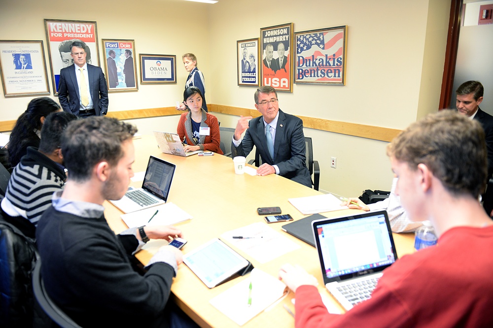Secretary of defense spoke at the Force of the Future Group Interview at The Institute of Politics and the Belfer Center for Science and International Affairs at Harvard Kennedy School.