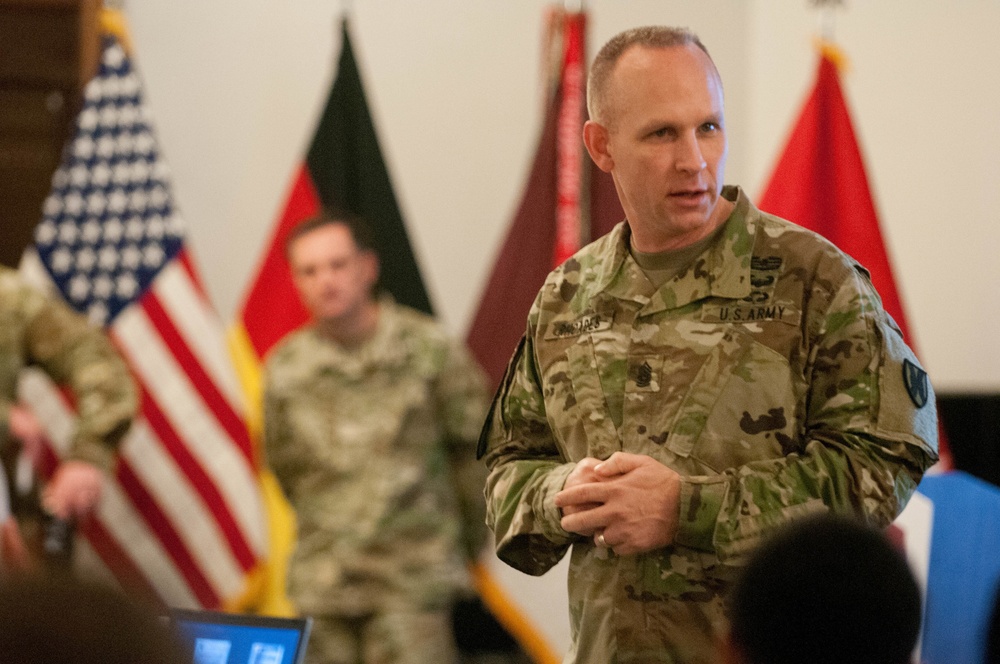 Command Sgt. Rhodes gives remarks at 30th MED BDE Senior Leader Forum