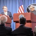 Secretary of defense and India's MoD Manohar Parrikar conduct a joint press conference