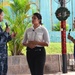 Capt. H.B. Le, Commodore, Destroyer Squadron SEVEN, and Sapna Lahiff role play with an actor from Pure Praxis during Sexual Assault and Prevention training at the Terror Club amphitheater in Singapore Dec. 15