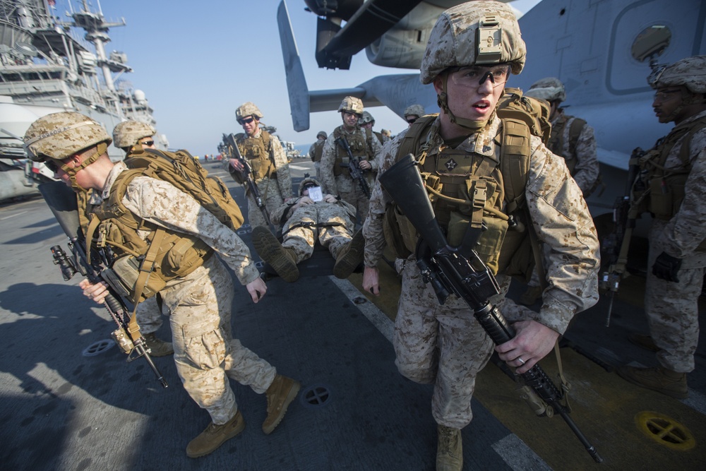 Battalion Landing Team 2/6, 26th MEU Marines and Sailors conduct simulated mass casualty exercise