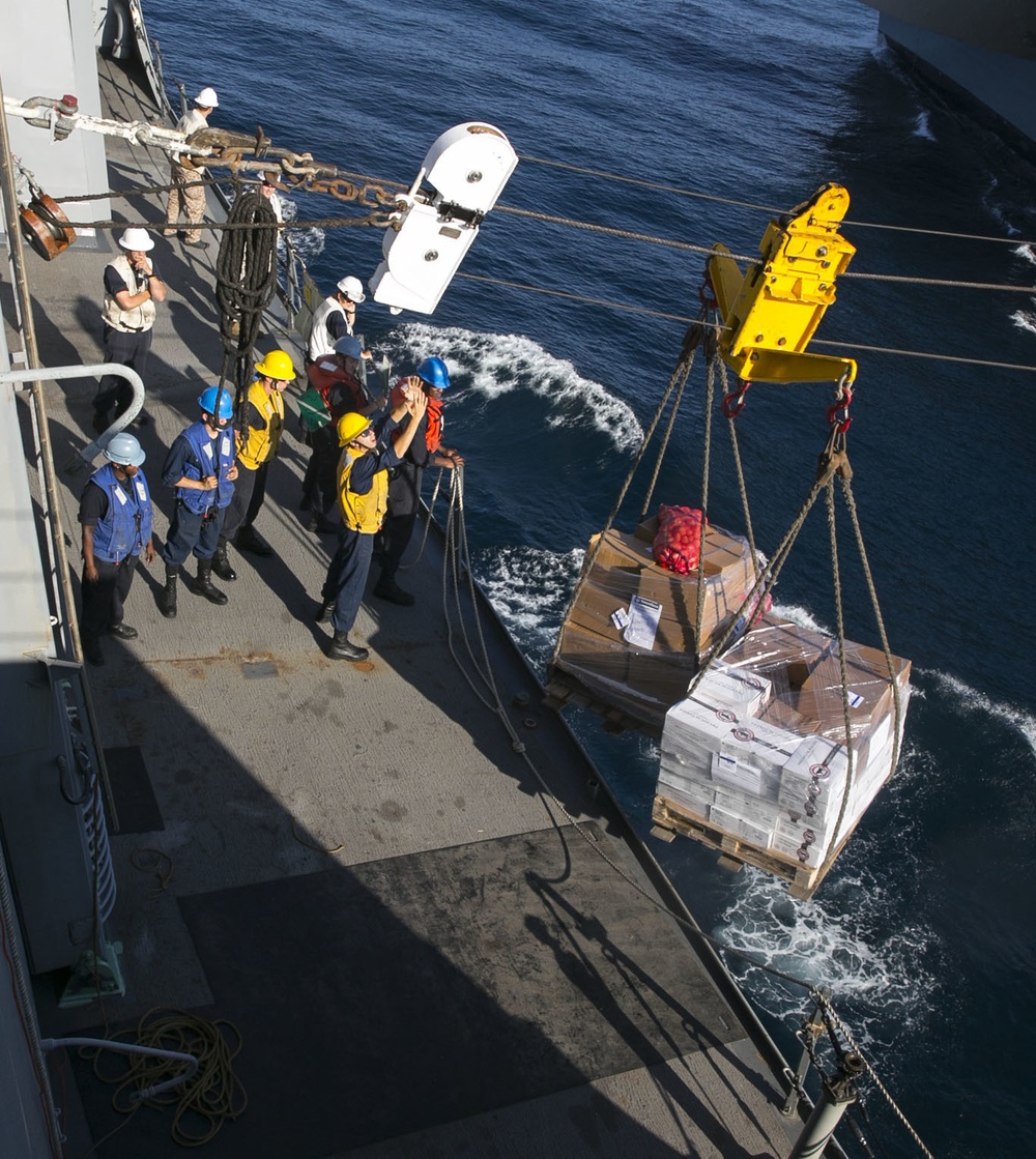 Marines and Sailors work together during replenishment-at-sea