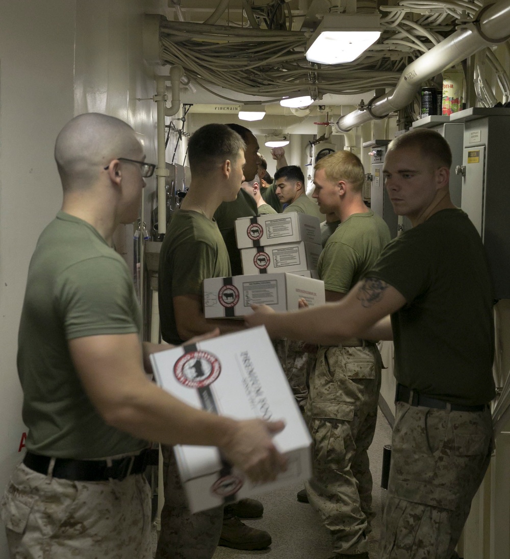 Marines and Sailors work together during replenishment-at-sea