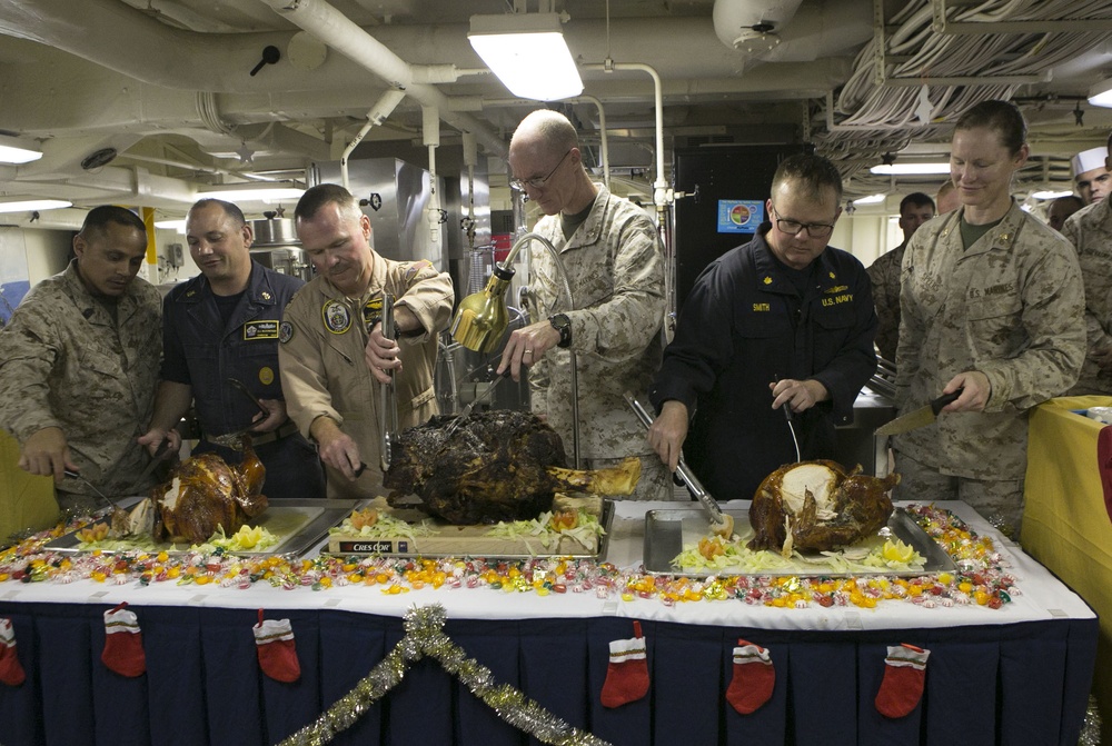 Marines and Sailors celebrate Christmas aboard the USS Arlington (LPD-24)