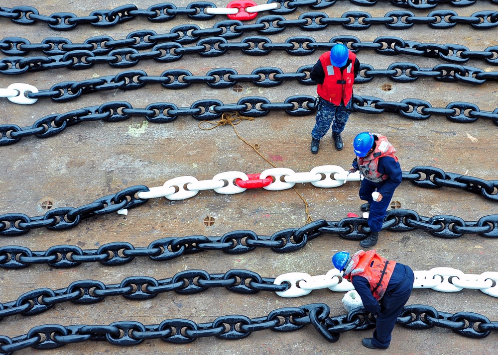 USS Blue Ridge sailors touch up anchor chain paint