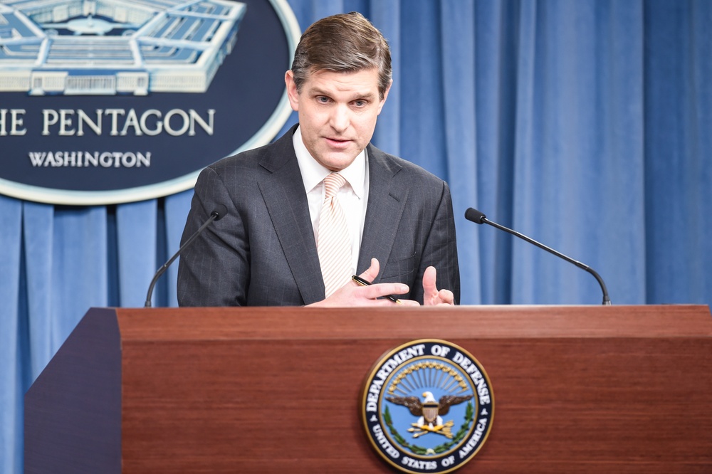 Pentagon Press Secretary Peter Cook conducts a press briefing with reporters at the Pentagon