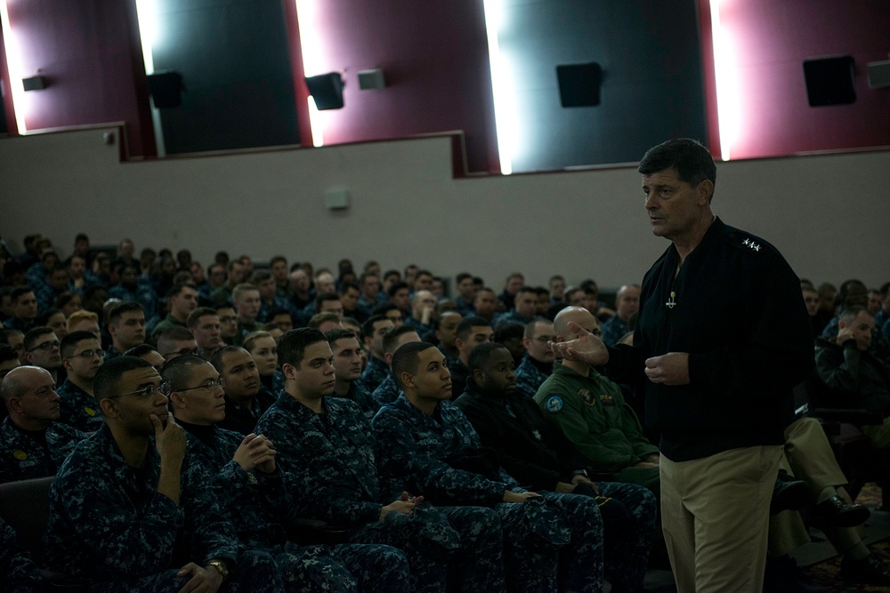 Vice Adm. Moran holds all hands call