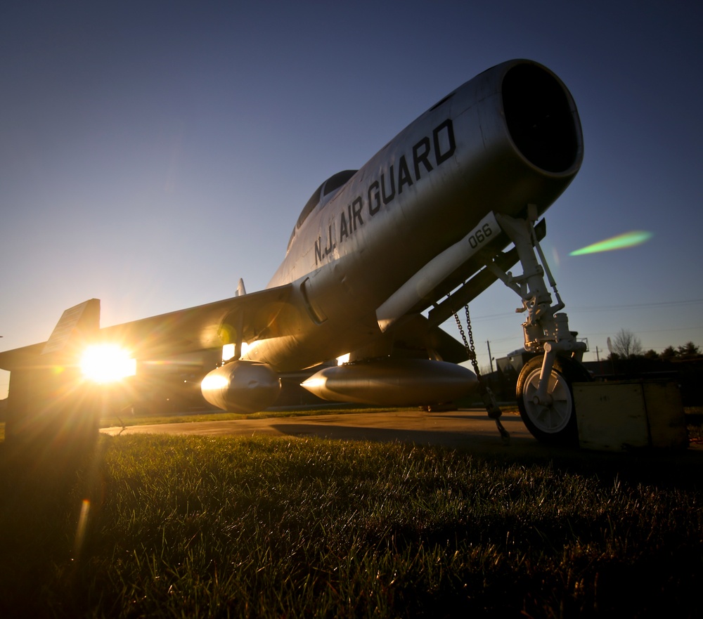 Static display aircraft at sunrise