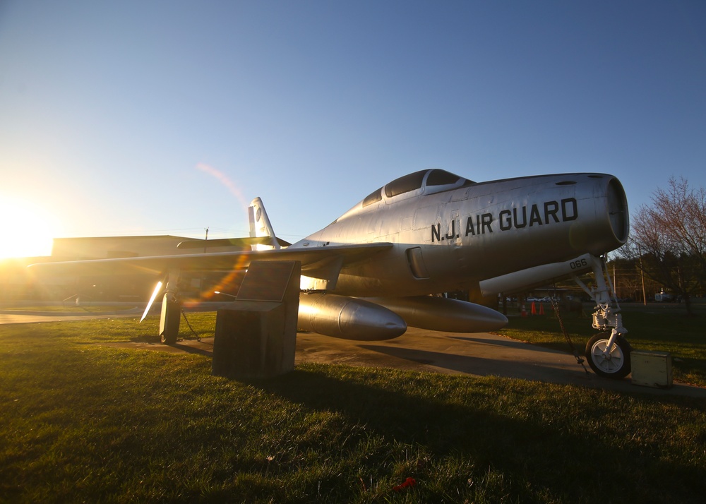 Static display aircraft at sunrise