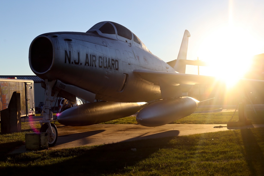 Static display aircraft at sunrise