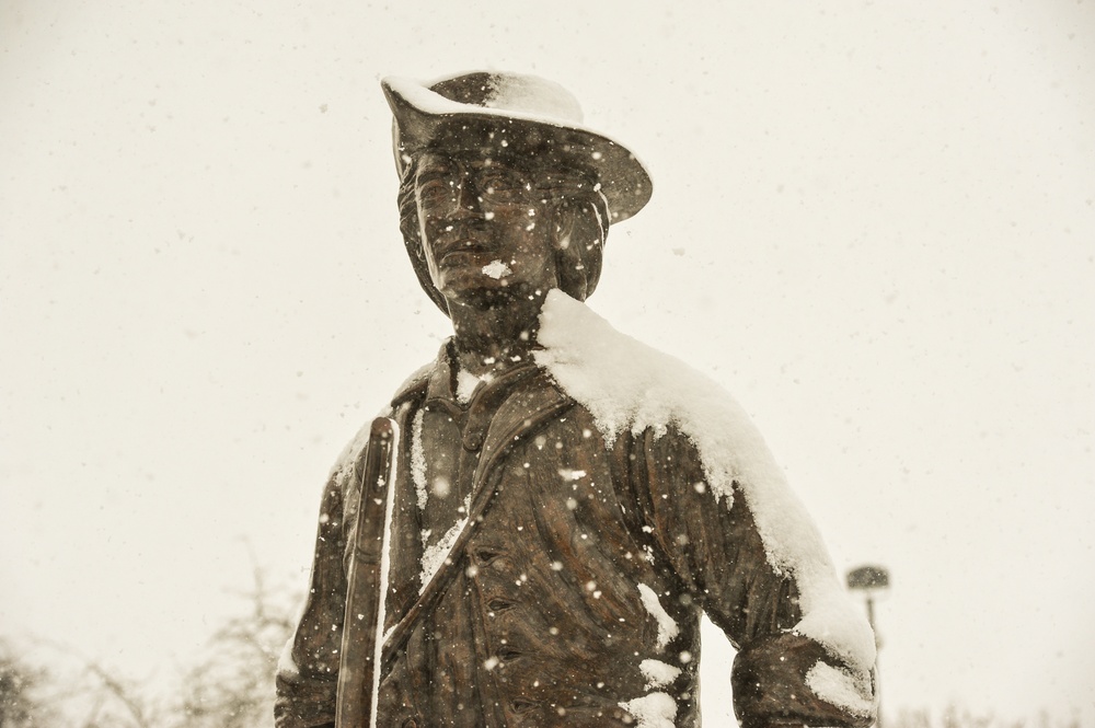 Ohio National Guard Minuteman stands guard during winter squall