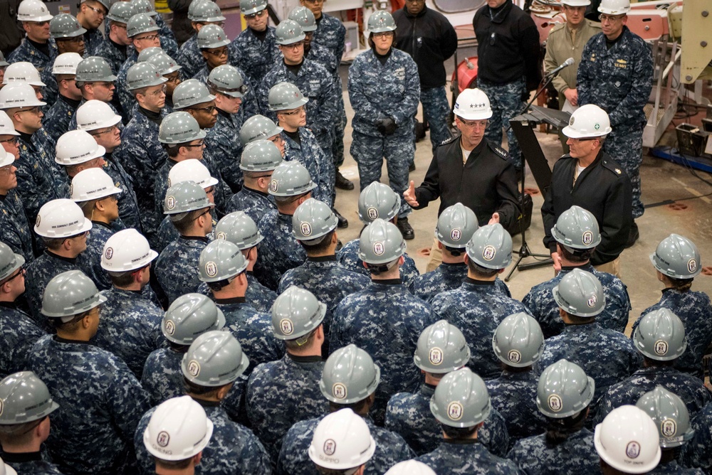 CNO, MCPON hold all-hands call aboard the future USS Zumwalt