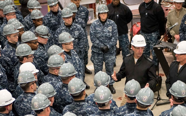 CNO, MCPON hold all-hands call aboard the future USS Zumwalt