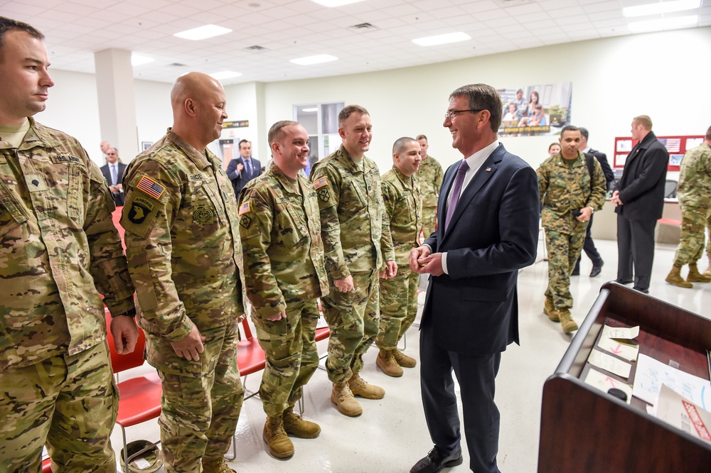 Secretary of defense visits with soldiers at the SRP center