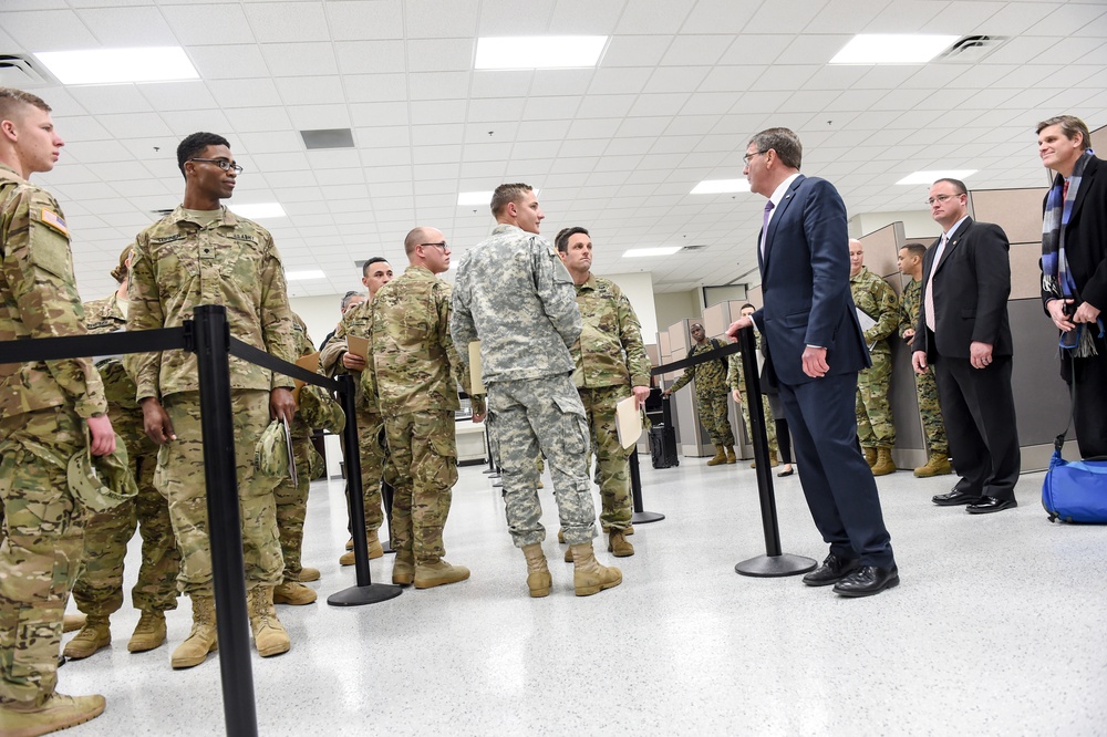 Secretary of defense visits with soldiers at the SRP center