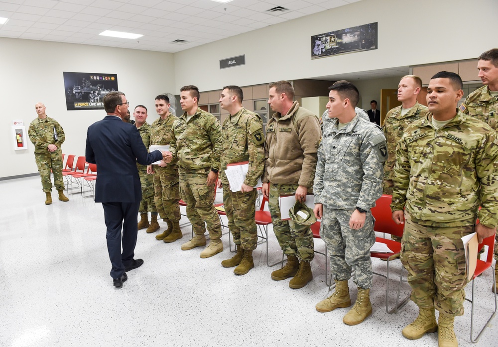 Secretary of defense visits with soldiers at the SRP center