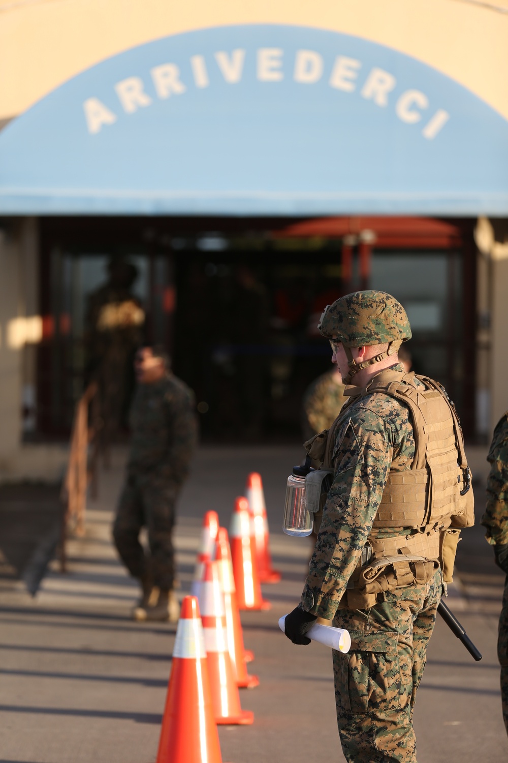 SPMAGTF-CR-AF Marines, sailors work with NAS Sigonella during evacuation control center exercise