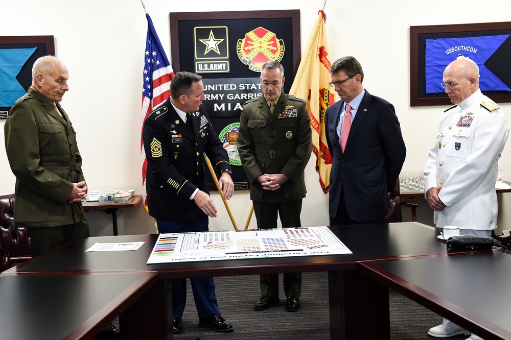 Secretary of defense, Combined Joint Chiefs of Staff, Gen. Kelly and Adm. Tidd are briefed by Command Sgt. Maj. Zaiser before the USSOUTHCOM COC