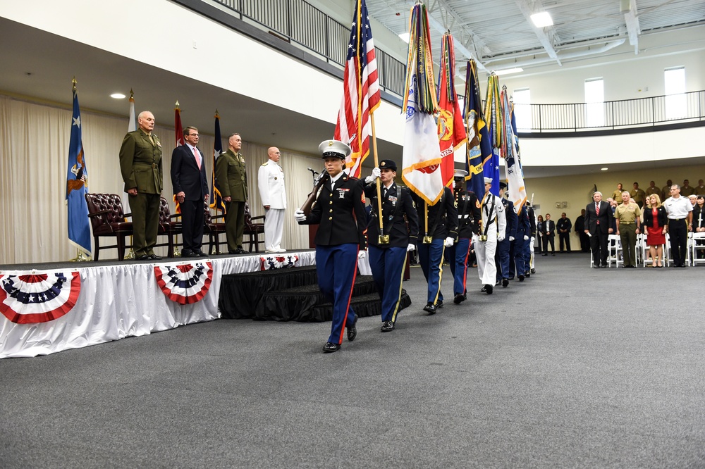 Secretary of defense, Combined Joint Chiefs of Staff, Gen. Kelly and Adm. Tidd stand at attention