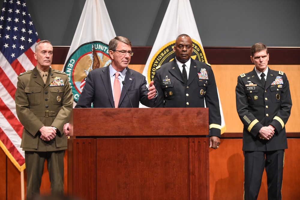 Secretary of defense holds press conference at MacDill AFB