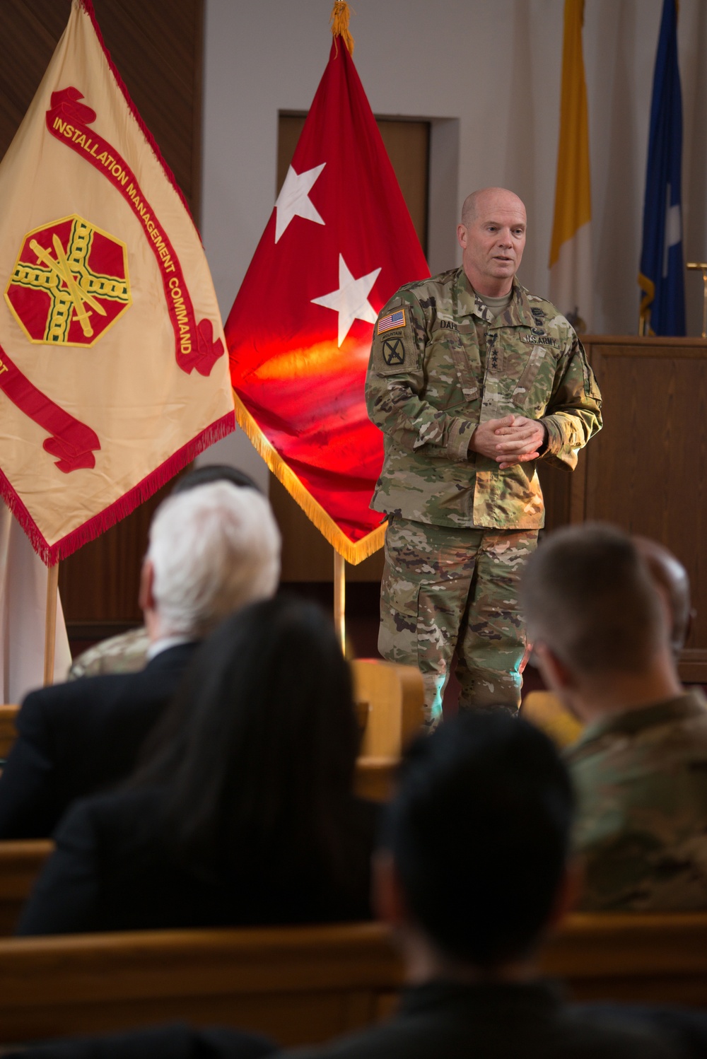 Lt. Gen. Kenneth R. Dahl, Commander IMCOM, speaks to USAG Stuttgart community