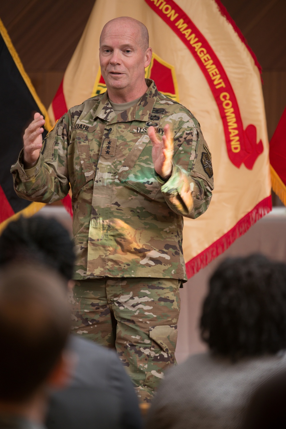 Lt. Gen. Kenneth R. Dahl, Commander IMCOM, speaks to USAG Stuttgart community