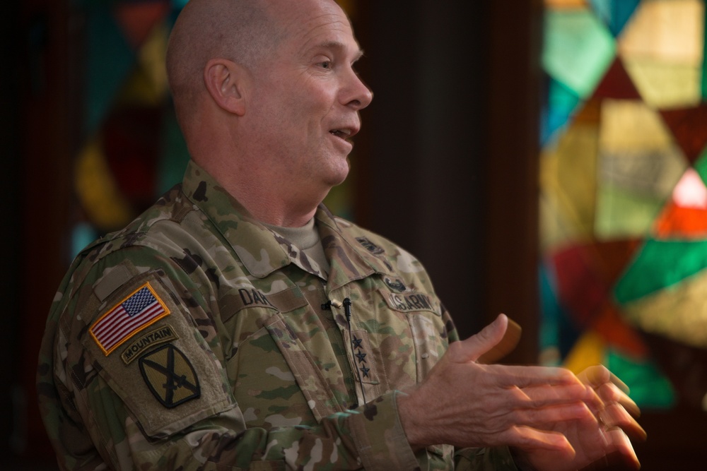 Lt. Gen. Kenneth R. Dahl, Commander IMCOM, speaks to USAG Stuttgart community