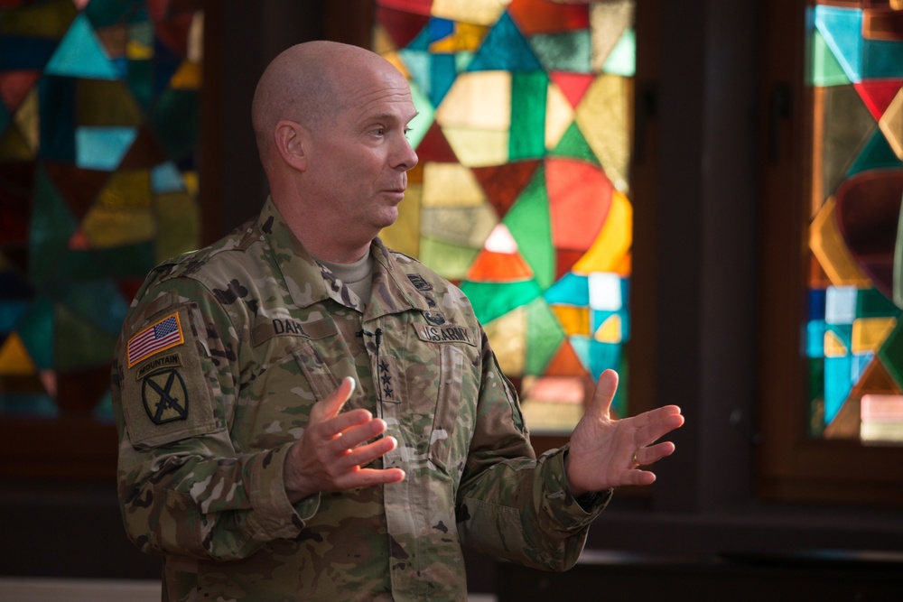 Lt. Gen. Kenneth R. Dahl, Commander IMCOM, speaks to USAG Stuttgart community