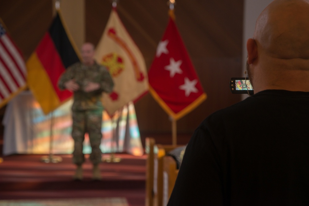 Lt. Gen. Kenneth R. Dahl, Commander IMCOM, speaks to USAG Stuttgart community