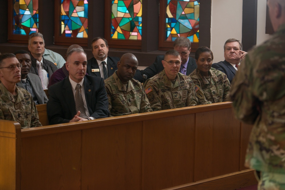 Lt. Gen. Kenneth R. Dahl, Commander IMCOM, speaks to USAG Stuttgart community