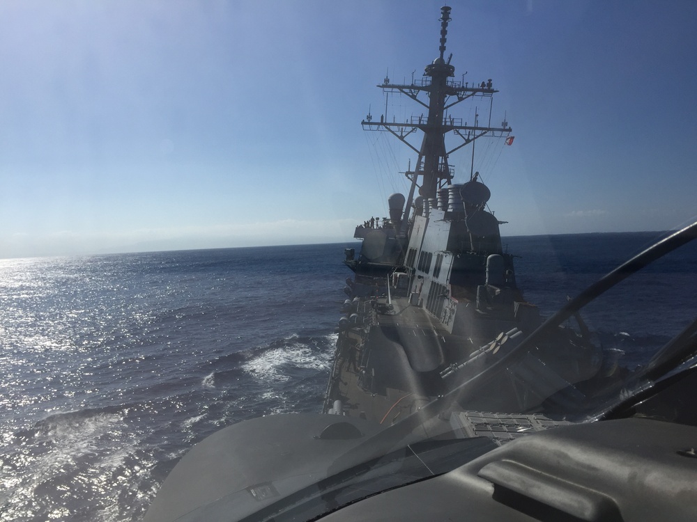 Coast Guard swap out Coast Guard liaison officers aboard Navy DDG off the North Shore of Oahu